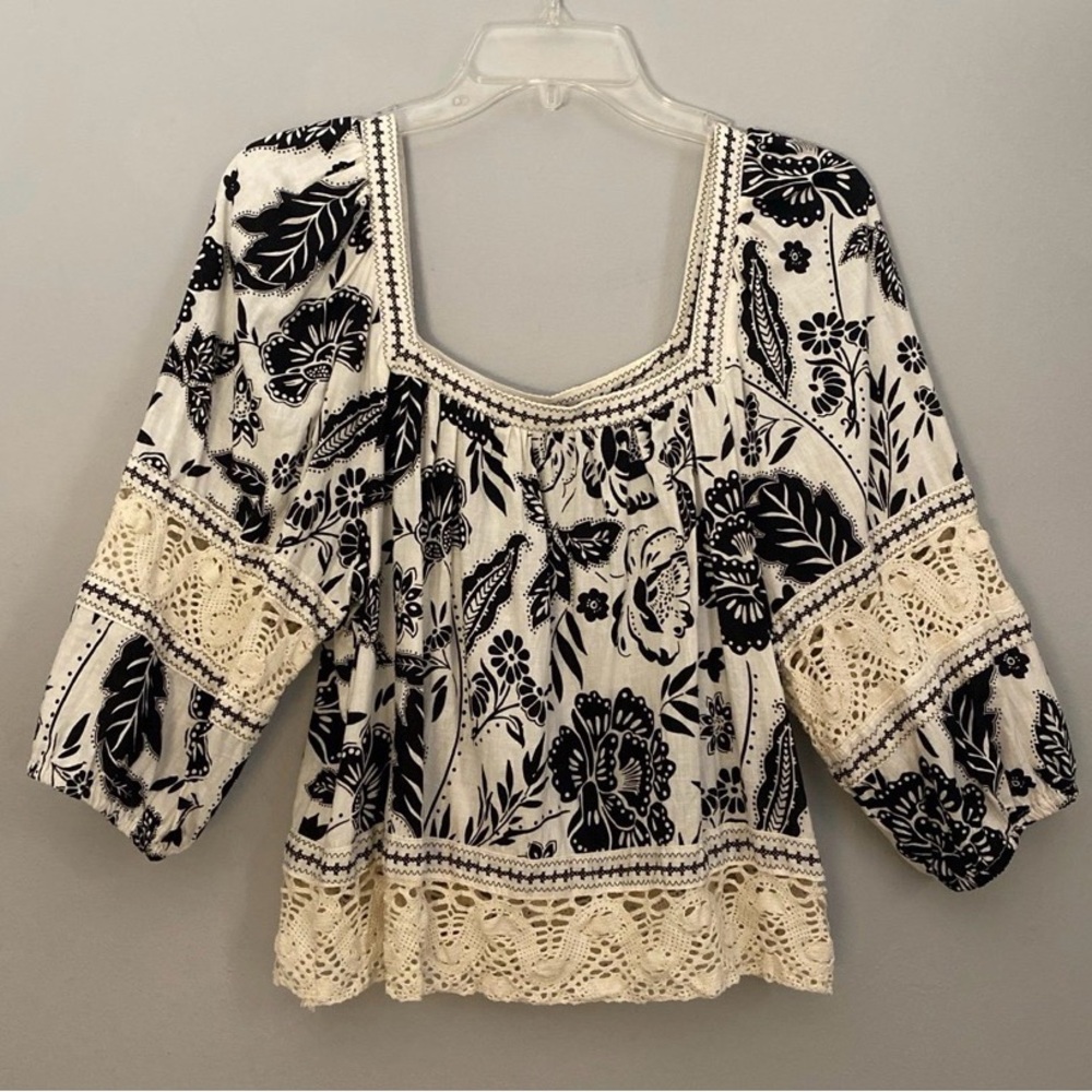 CHRISTIAN SIRIANO Off White/Black Floral Crochet Square Neck Boho Top Blouse S